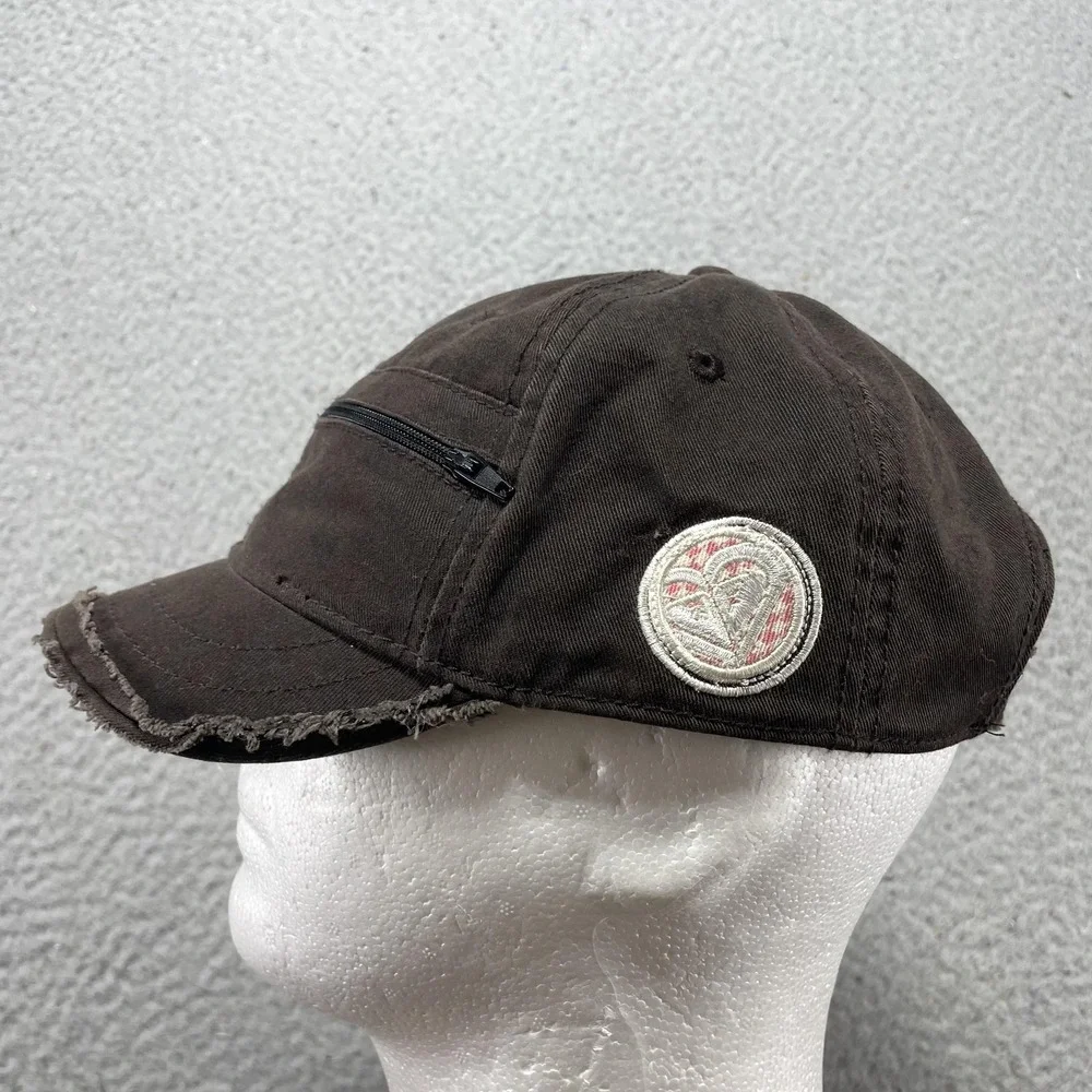 Roxy Hat Cap Strap Back Womens Adjustable Brown Twill Army Logo Zip Pocket